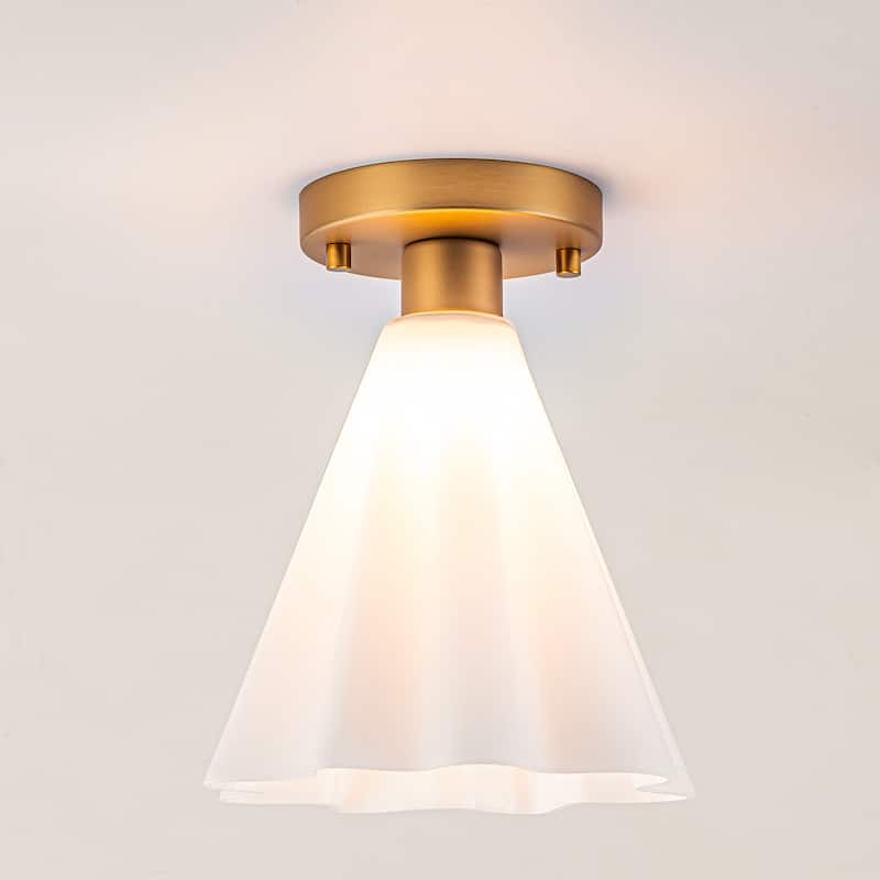 Vintage 1-Light Glass Cone Flush Mount Ceiling Light - Brass