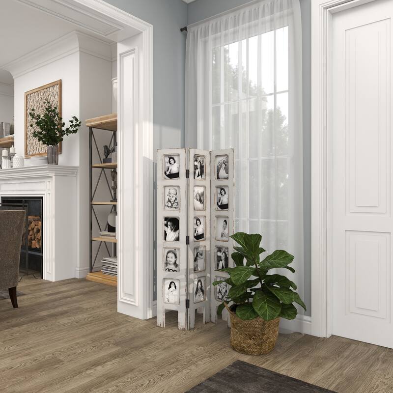 White Wooden Hinged Foldable Partition 3 Panel Partition Room Divider Screen with 15 Photo Slots