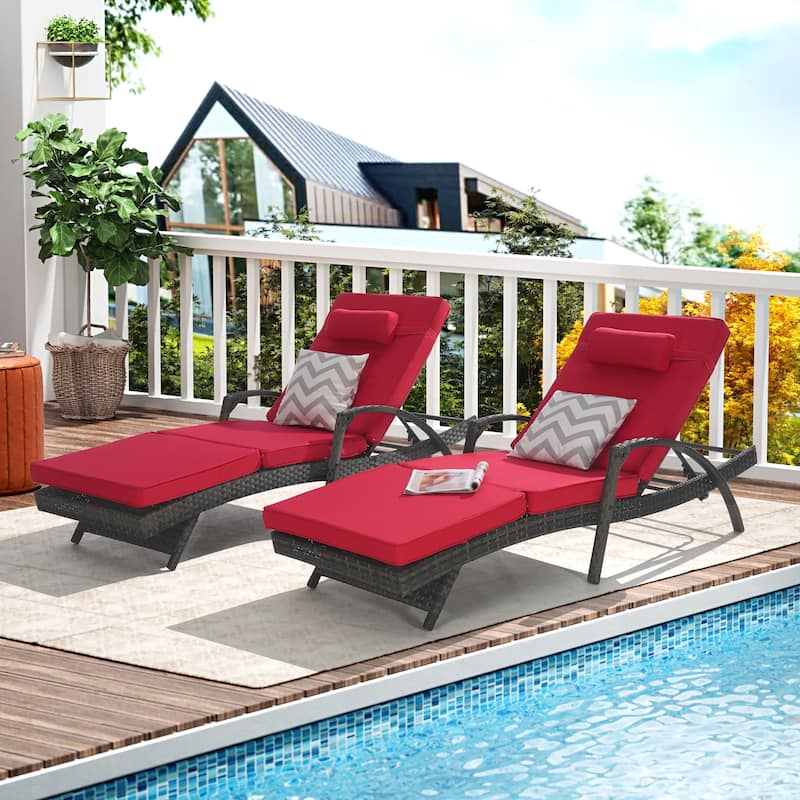 Outdoor Wicker Long Reclining Chair Set of 2 with Cushions