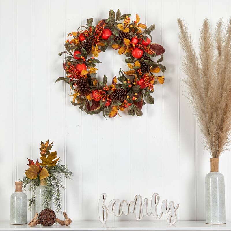 Persimmon and Pinecones Artificial Fall Harvest Wreath, 24-Inch, Unlit