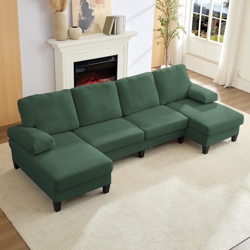 Mixoy W110"Velvet U-Shaped Sectional Sofa Couches,Upholstered 4-Seater Sofa with Double Chaises and Sleepable Armrest - Green - Symmetrical