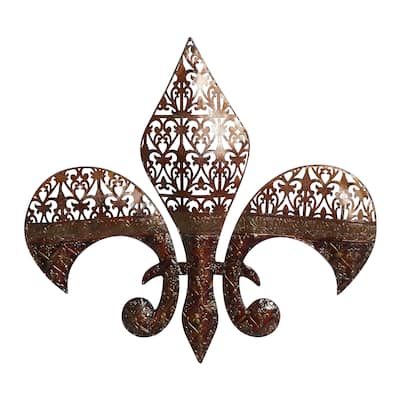 Metal Fleur De Lis Wall Decor with Perforated Details - Brown - Roche River Decor