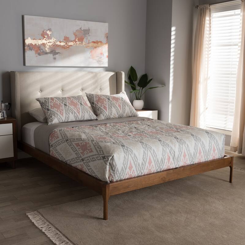 Full Size Platform Bed - Modern Walnut Wood & Beige Fabric Bed Frame - Mid-Century Design
