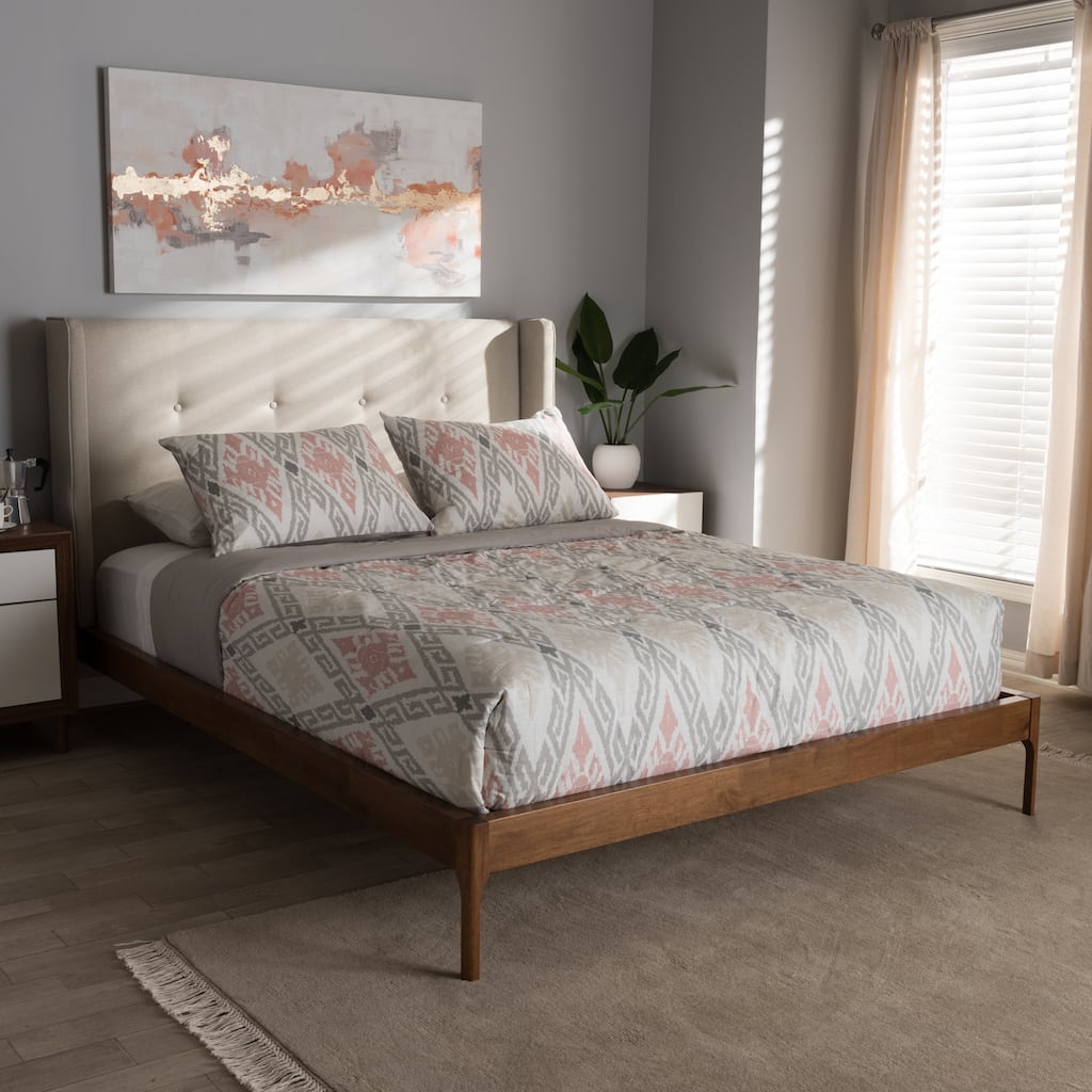 Full Size Platform Bed - Modern Walnut Wood & Beige Fabric Bed Frame - Mid-Century Design