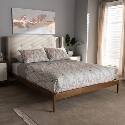 King Size Platform Bed Walnut Wood & Beige Fabric Headboard, Modern Bedroom Furniture