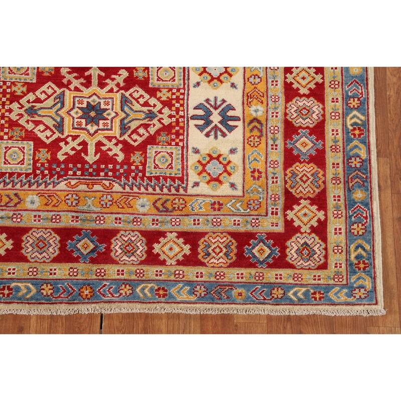 Geometric Kazak Oriental Area Rug Hand-Knotted Grey Wool Carpet - 4'10" x 6'5"
