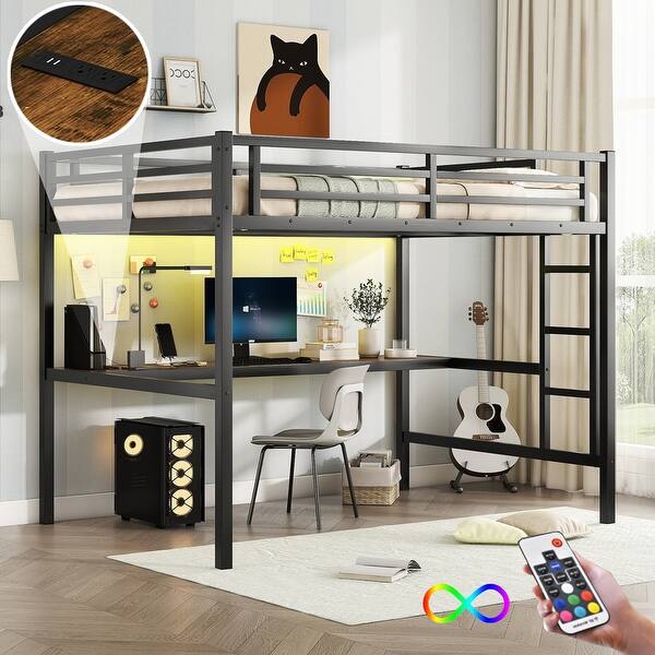 slide 2 of 11, Metal Full Size Loft Bed with Wood Desk, USB, Power Outlet and LED Lighted, High Loft Bed with Ladder and Safety Guardrails Black - Full