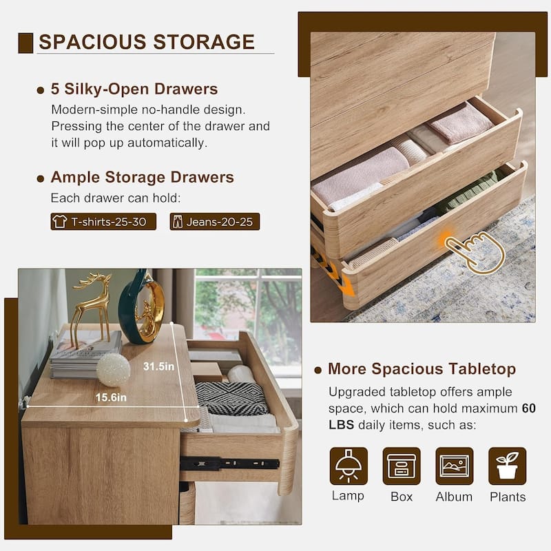 Modern 5 Drawer Dresser for Bedroom, Handle-less Wooden Dressers