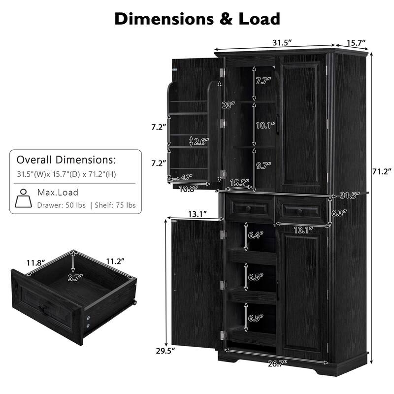 Roomfitters 71" Tall Kitchen Pantry Cabinet with 3 Pull-Out Organizers & 6 Door Shelves