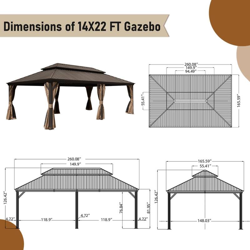 GDFStudio - Terry Outdoor Aluminum Hardtop Gazebo with Galvanized Steel Double Roof, Curtains & Netting