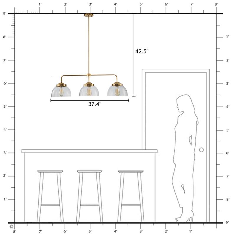 37.4 inch 3-Light Modern Glass Linear Kitchen Island Pendant Light - 37.4 inch