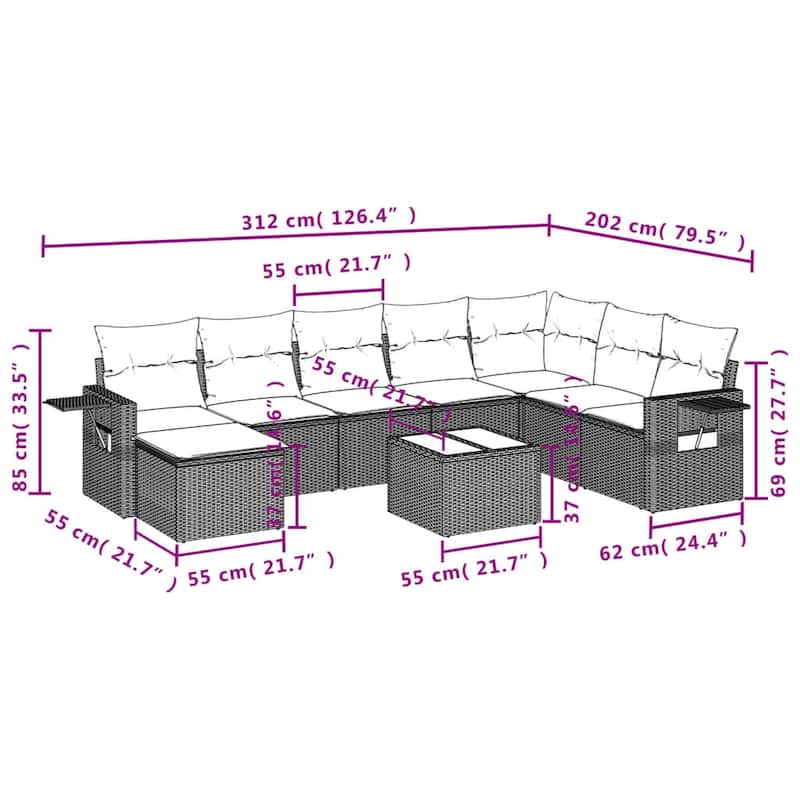 vidaXL 8 Piece Patio Sofa Set with Cushions Black Poly Rattan
