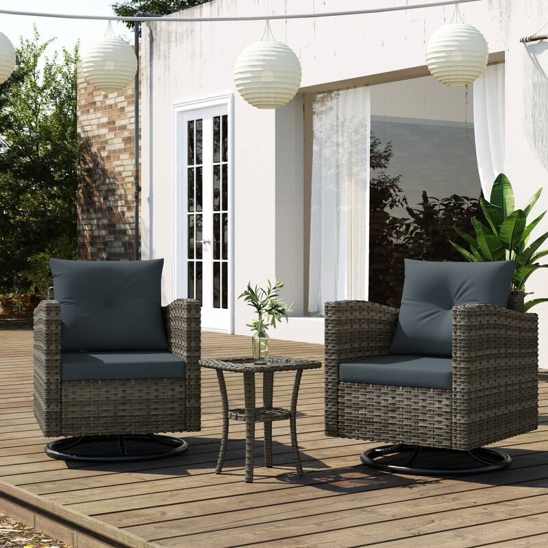 Outdoor 3-piece Swivel Chair Cushioned Rattan Conversation Set