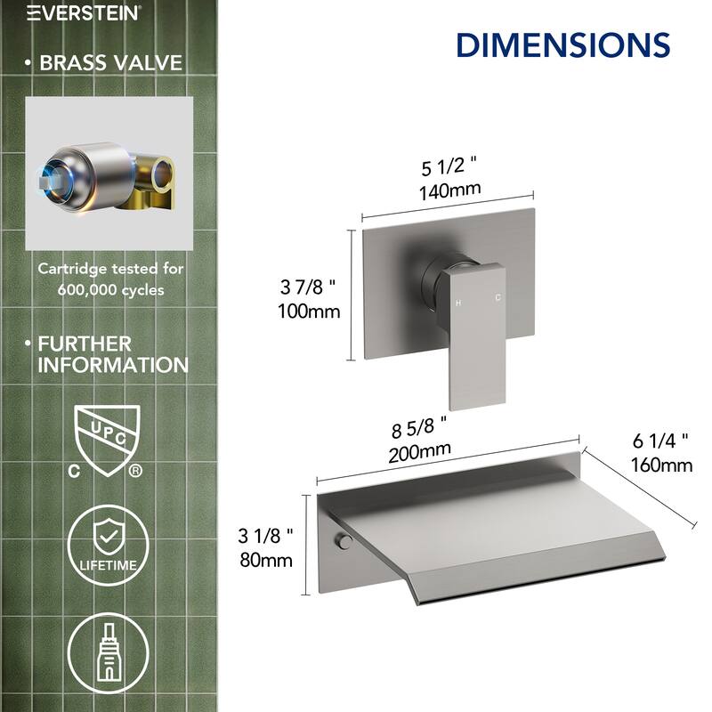 Single Handle Stainless Steel Wall Mount Waterfall Bathtub Faucet