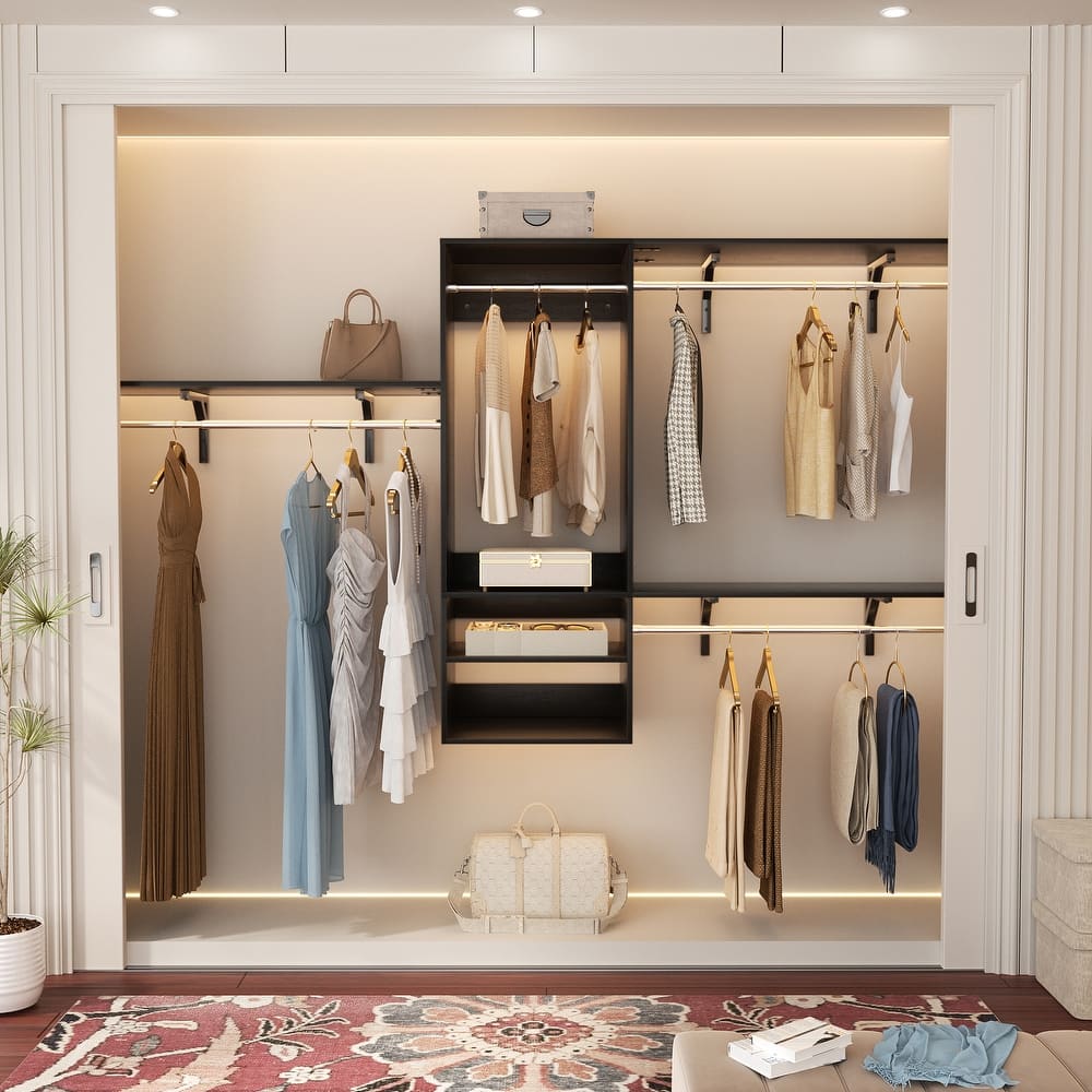 Rackcog 96'' Hanging Closet System with 3 Shelving Towers and 3 Hanging Rods,Wall-Mounted Walk-in Closet Organizer