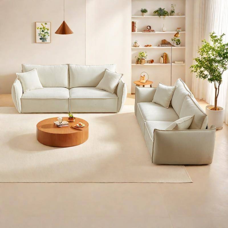 Linen 6-Seat Modular Sofa Set with 3+3 Seater Combo and Wooden Frame & 4 Pillows - Beige
