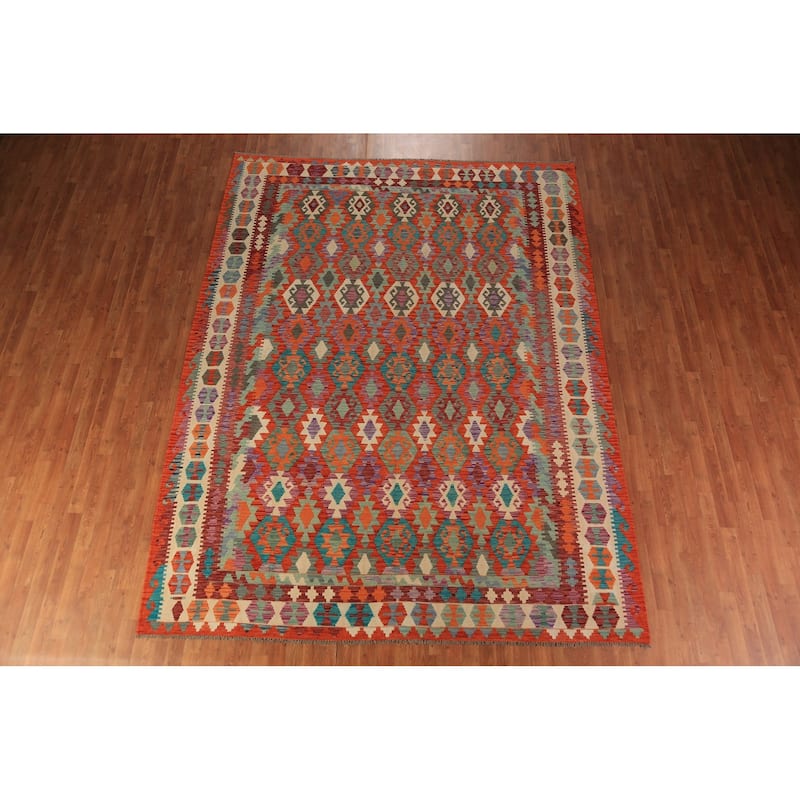 All-Over Geometric Kilim Area Rug Hand-Woven Wool Carpet - 8'7"x 11'4"