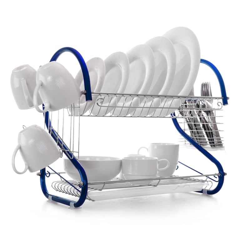 MegaChef 16 Inch Double Shelf Countertop Dish Drying Rack in Blue