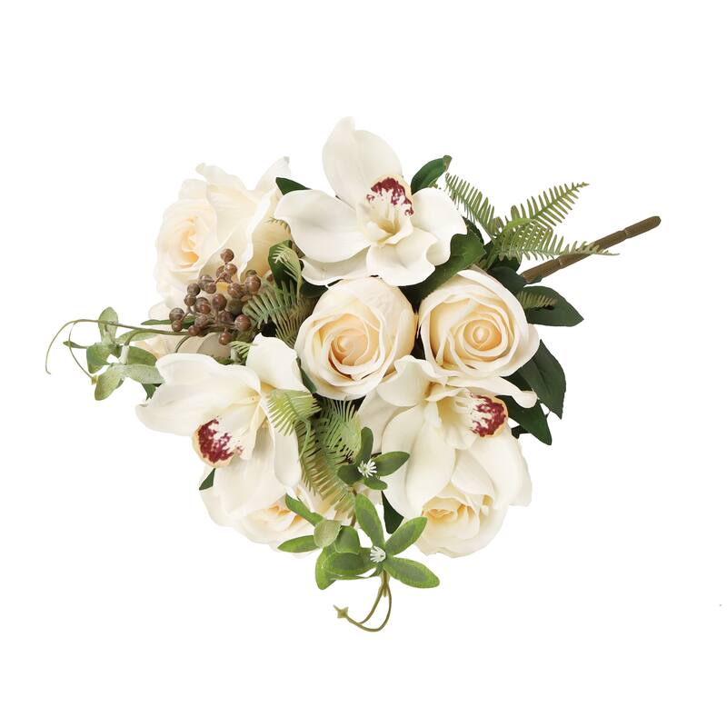 Set of 2 Ivory Artificial Mixed Rose Cymbidium Orchid Flower Stem Bush Bouquet 18in - 18" L x 11" W x 11" DP