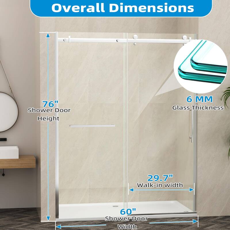 EROMMY Frameless Sliding Shower Door 60"x76", Clear Tempered Glass, Explosion-Resistant, Waterproof