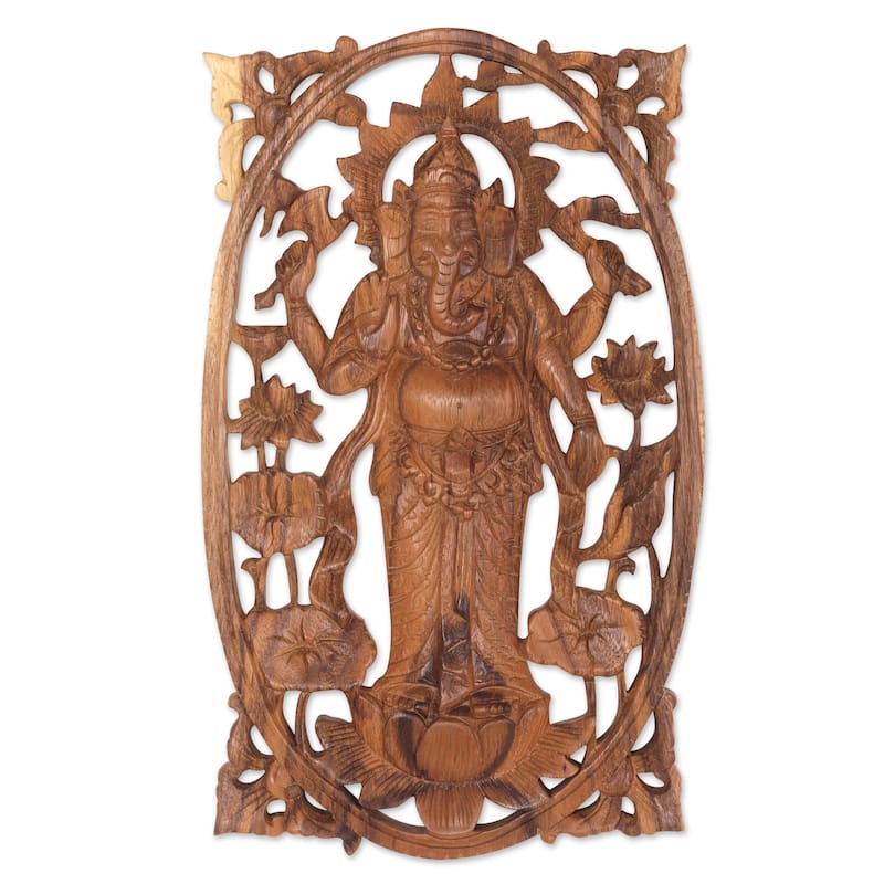Novica Handmade Ganesha Standing Wood Relief Panel