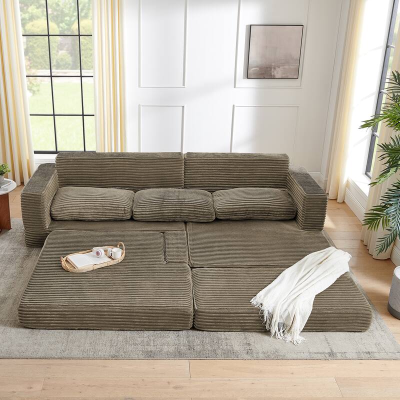 Modern Minimalist L-shape Sectional Sofa with Chaise Lounge Corduroy Compressed Folding Couch Convertible into Floor Bed