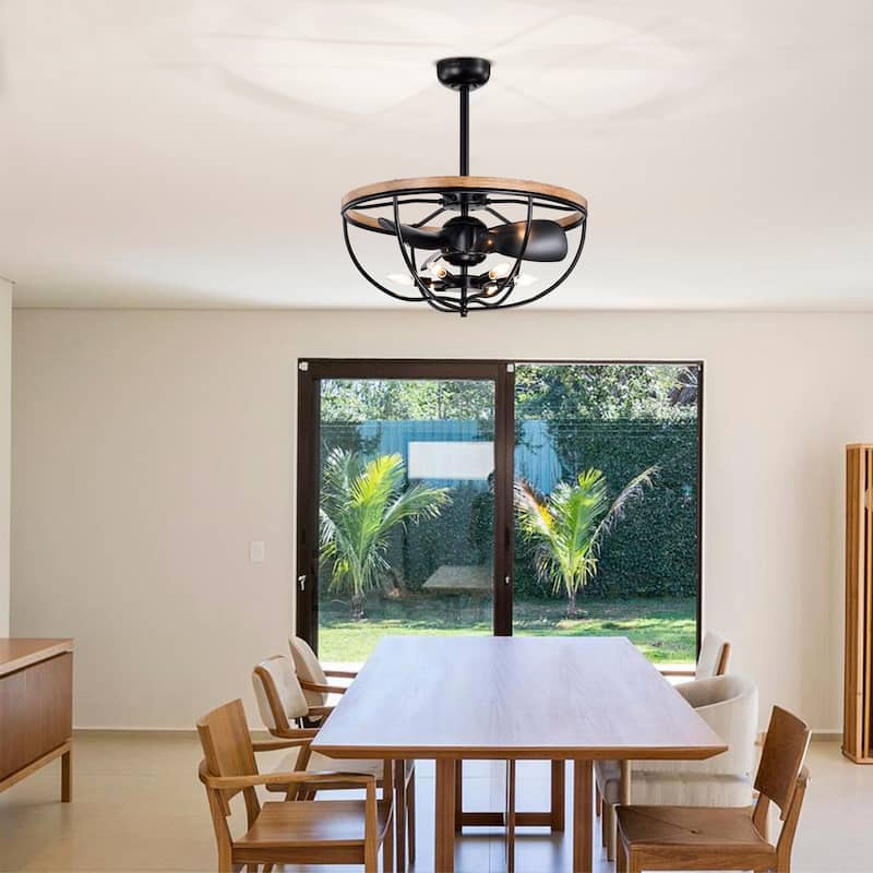 Adeline 26 Inch Imitation Wood Grain Matte Black Finish Ceiling Lighted Fandelier with Remote