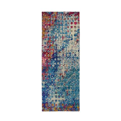 Shahbanu Rugs THE PEACOCK, Sari Silk Colorful Hand Knotted Runner Oriental Rug (3'0" x 8'2") - 3'0" x 8'2"