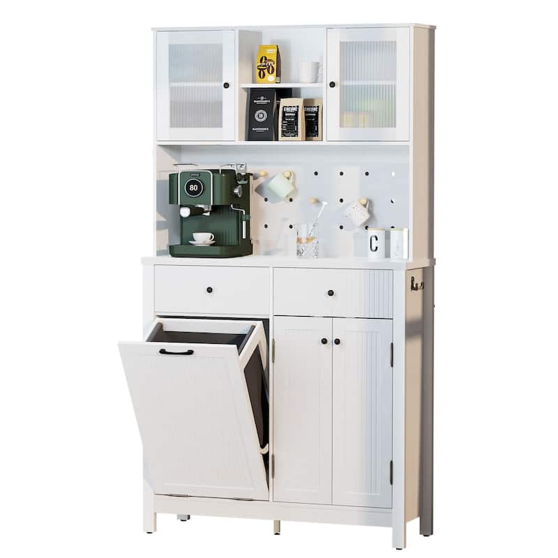 71" Fluted Kitchen Pantry Storage Cabinet With Tilt-out Trash Can Fit 10 Gallon,tall Kitchen Hutch Cabinets - 38.7"Lx13.5"Wx71"H - White