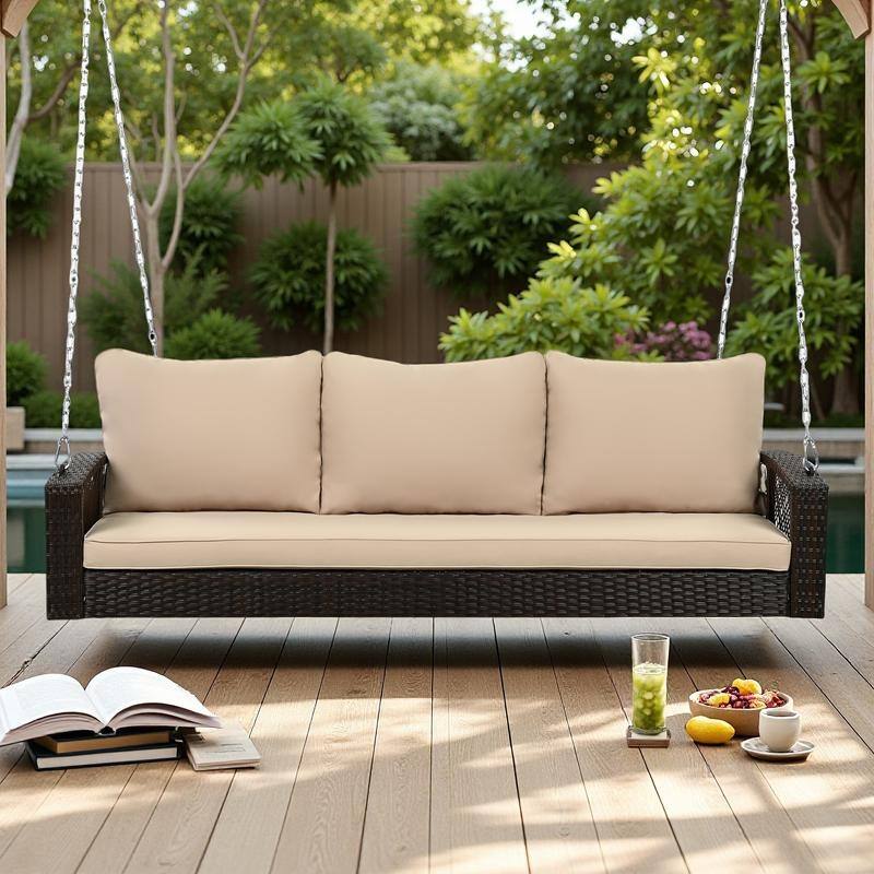 PE Wicker 3-Person Porch Swing with Includes Cushions and Chains, 800lb Capacity - Brown