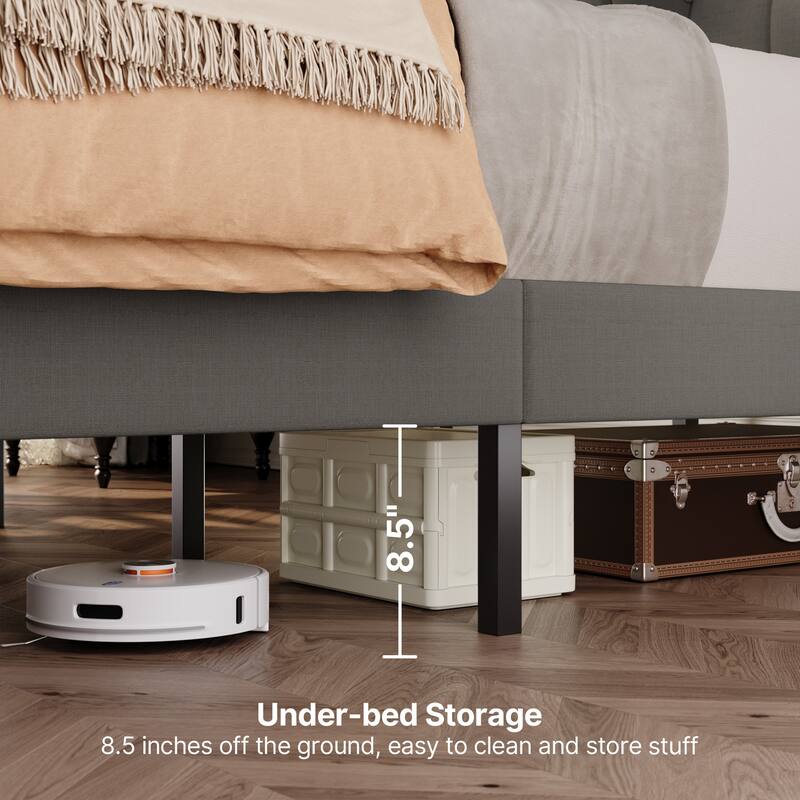 Full / Queen / King Bed Frame with Headboard, Upholstered Platform Bed with Sturdy Wooden Slats