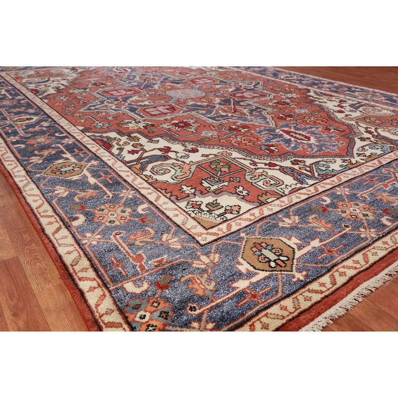 Hand Knotted Oriental 100% Wool Carpet Traditional Medallion Oranges & Rust Heriz (serapi) Area Rug - 13' 9'' X 9' 11''