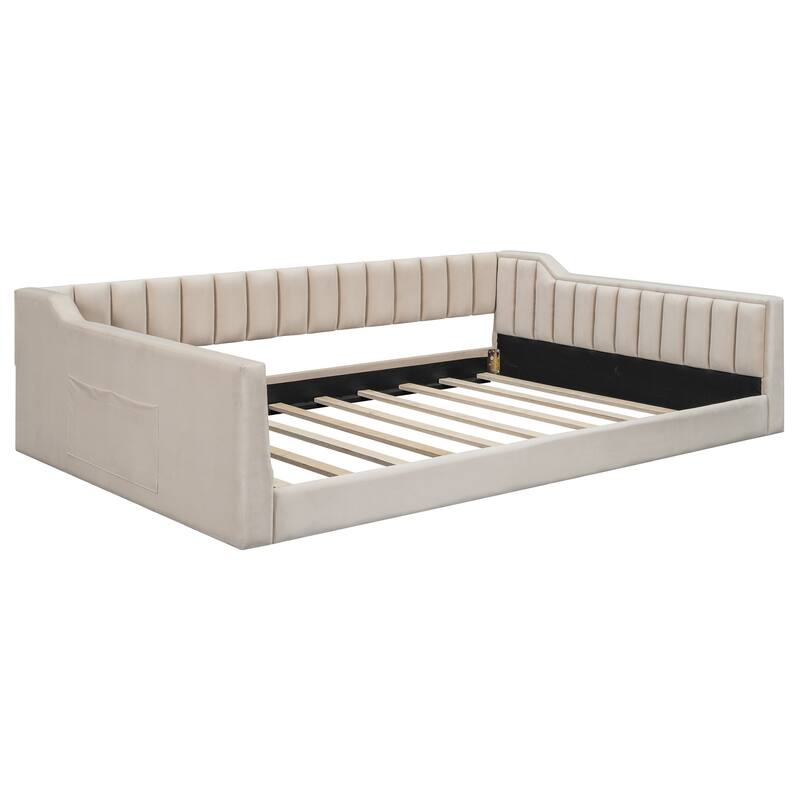 Full XL Size Velvet Platform Bed, Upholstery Daybed Bed Frame with Side Storage Pocket and Wooden Slat Support