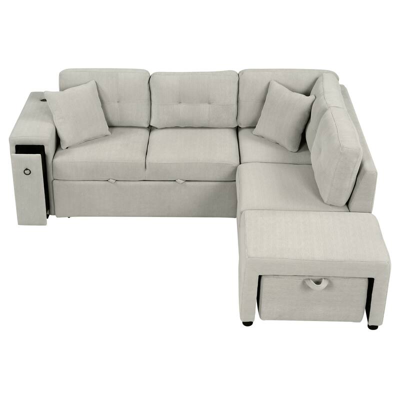 L-Shaped Sleeper Sofa with Storage Drawer, Movable Ottoman, USB Ports, and Cup Holder Table