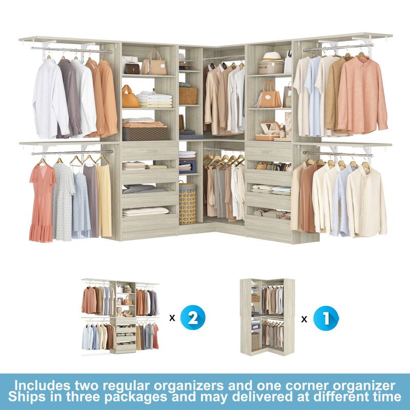 Set of 3 Closet Organizer with 10 Hanging Rods, Adjustable 132'' Corner Closet System with Tower Shelves