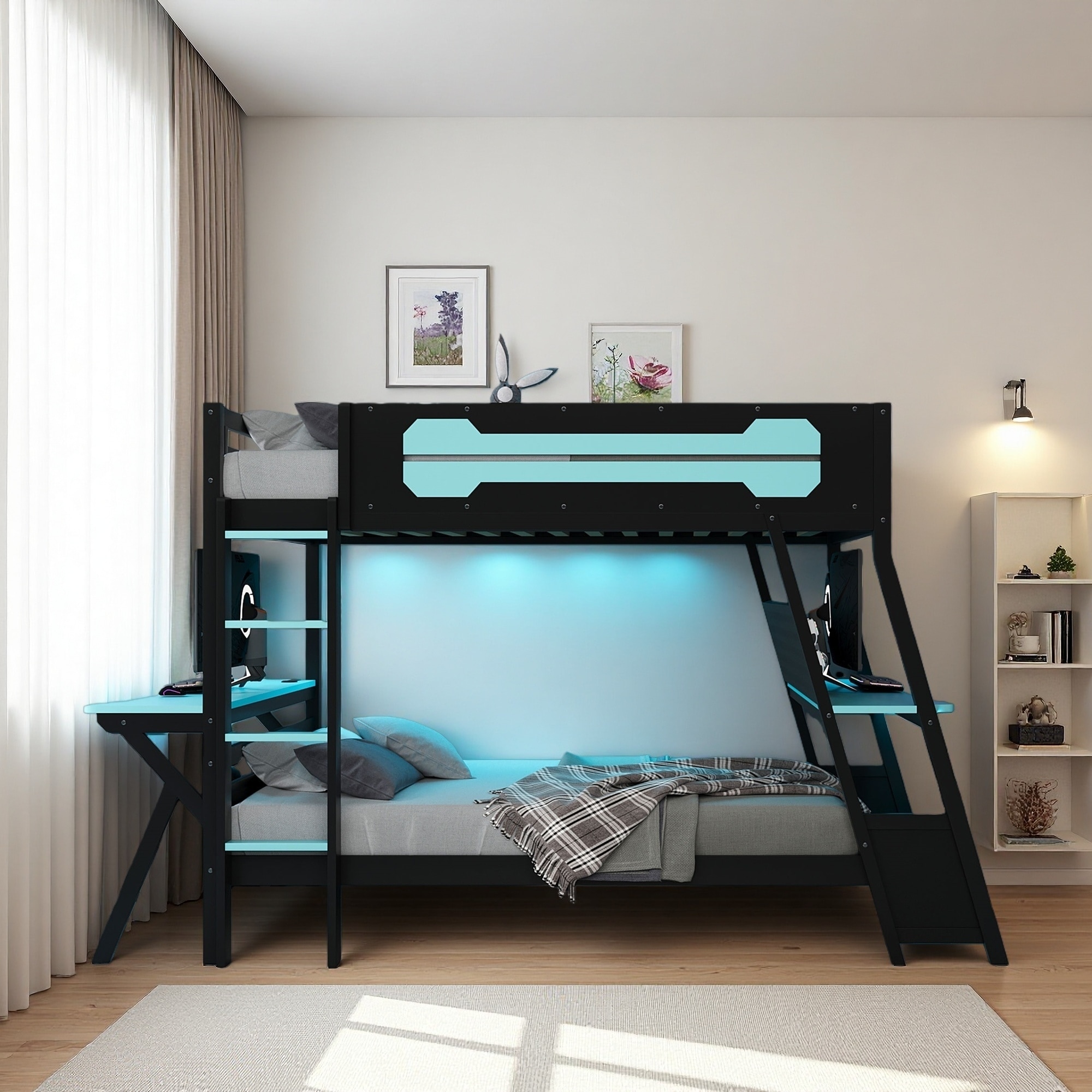 Full Size Bunk Bed with Dual Built-In Gaming Desks, USB Ports & Pegboard Organizer, MDF & Wood Gaming Bunk Frame for Gamers