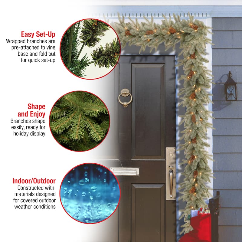 National Tree Company 9' x 12" "Feel Real" Frosted Arctic Spruce Garland 50 Clear Lights - 9 ft