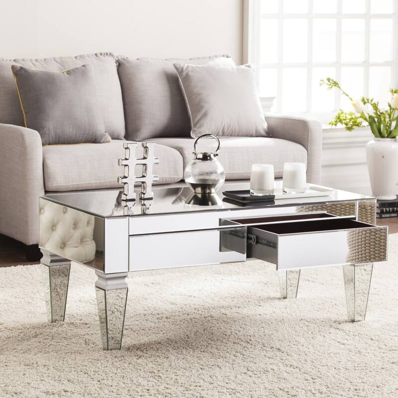 41" Silver Glam Mirrored Glass Rectangular Mirrored Coffee Table - 18" H x 41" W x 21" D