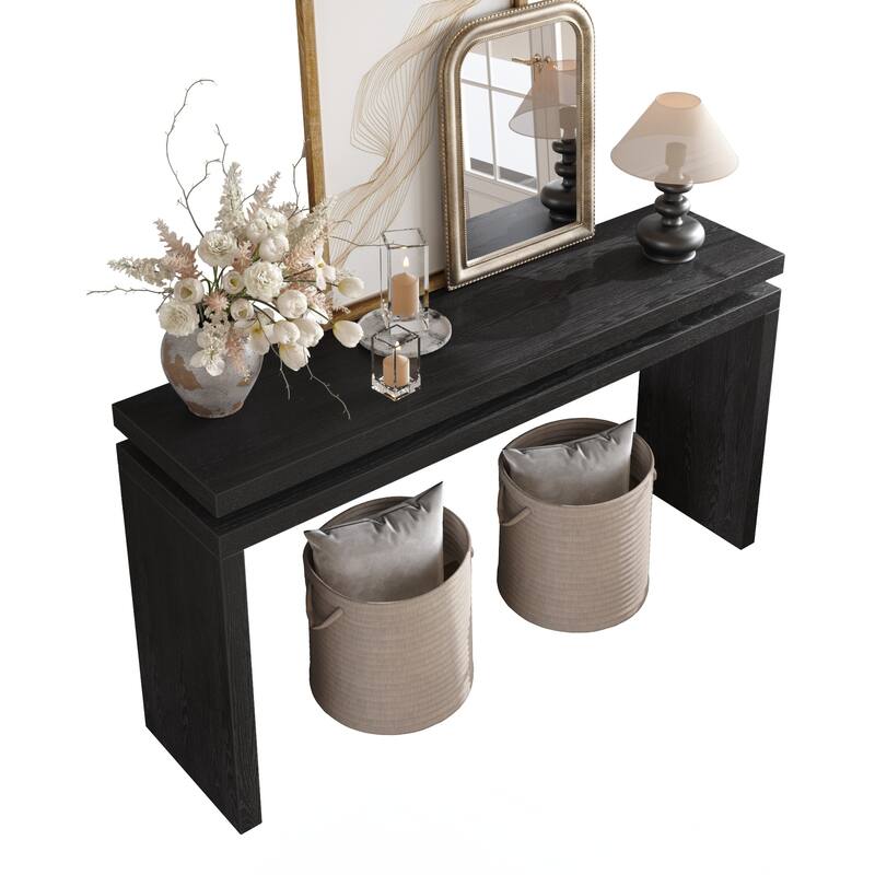 Retro Wooden Entryway Table with Double Board Suspension Design, Solid Wood & MDF, Sofa Table for Living Room