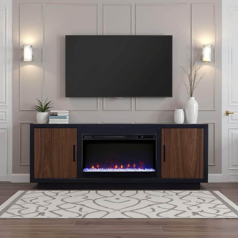 Bridgevine Home Aria 66 inch Fireplace TV Stand for TVs up to 80 inches, Minimal Assembly, Black and Walnut Finish