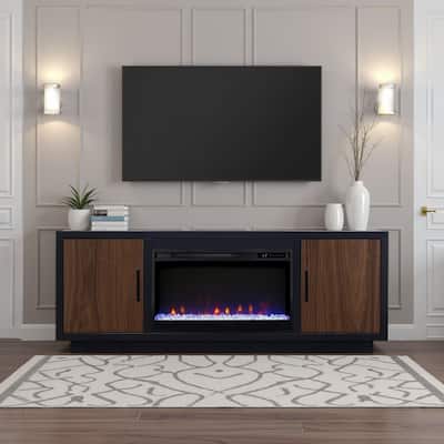 Bridgevine Home Aria 66 inch Fireplace TV Stand for TVs up to 80 inches, Minimal Assembly, Black and Walnut Finish