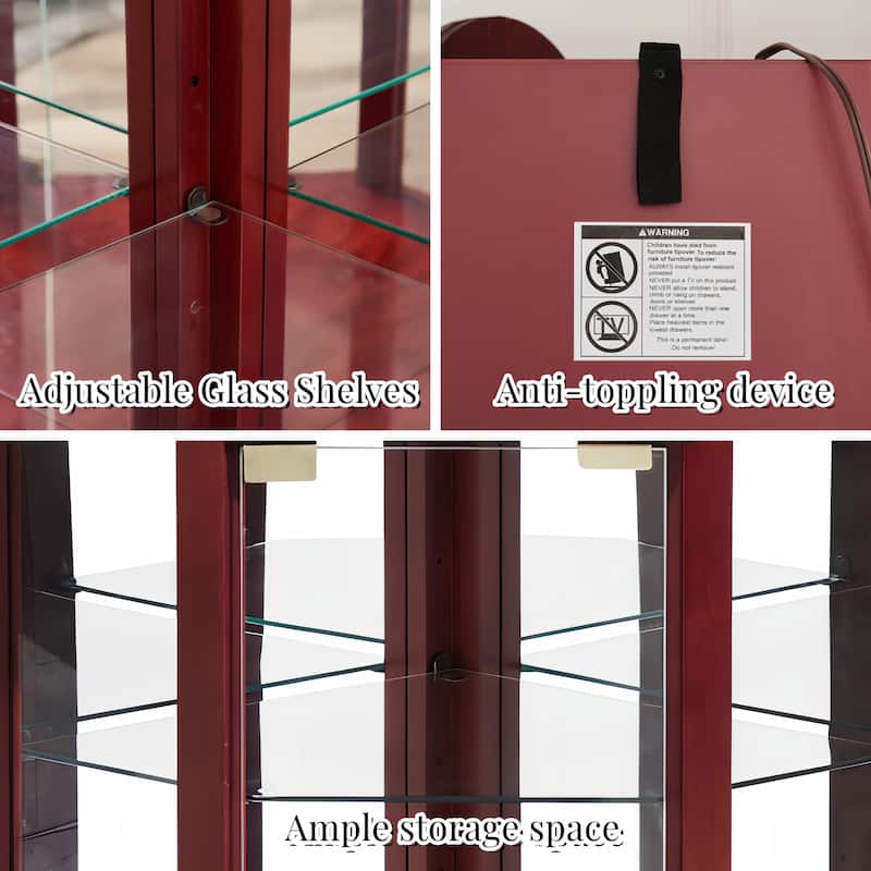Lighted Display Curio Cabinet, Corner Wooden China Cabinet, Wine Bar Cabinet with Tempered Glass Door & Adjustable Shelves