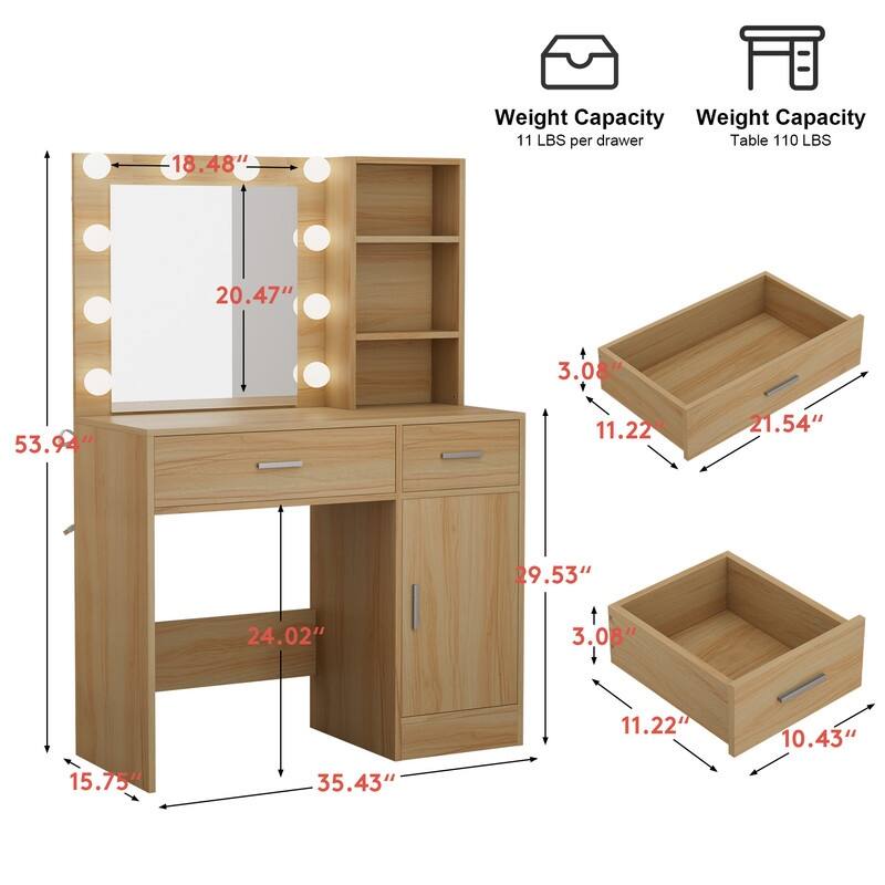 Lighted Bathroom Vanity with Mirror, MDF Cabinet, Smooth Drawers, Space-Saving Design
