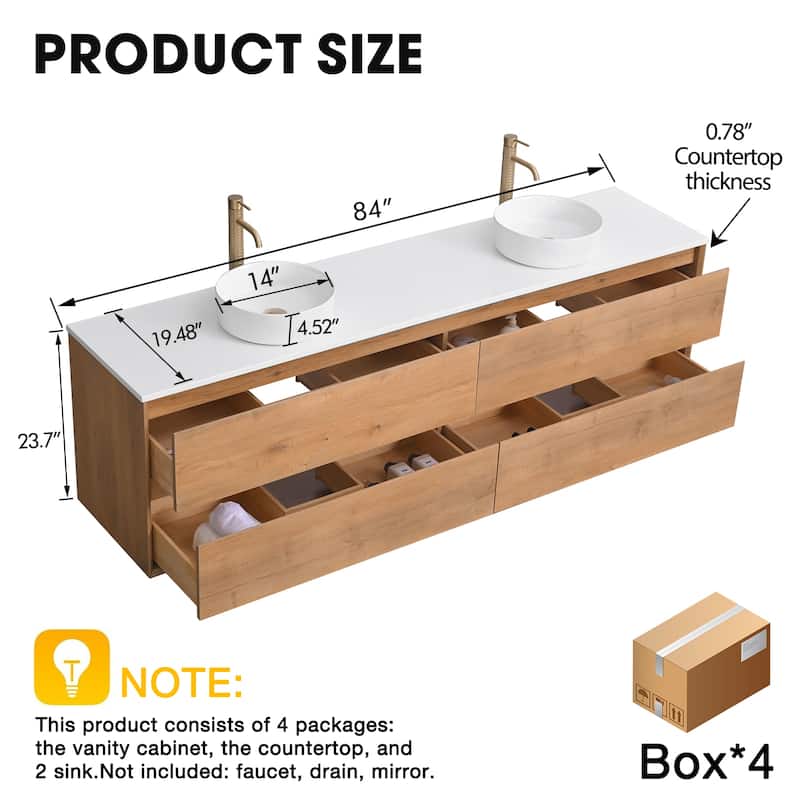 Sylphar 84 inch Toffee Oak Floating Bathroom Vanity with White Quartz Top