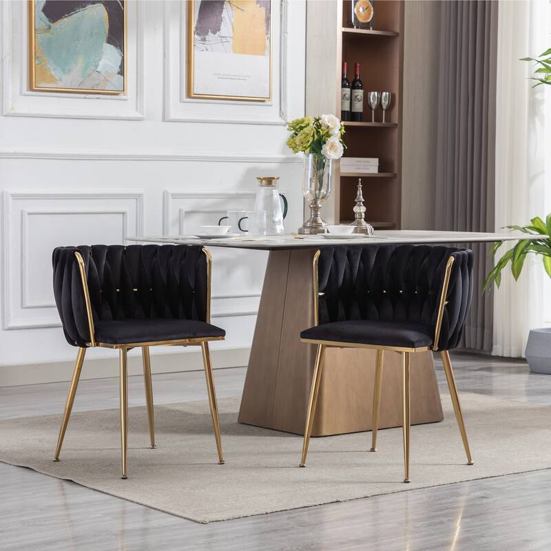 Velvet Fabric Dining Chairs Set of 2, Ergonomic Upholstered Lounge Chair, Accent Chairs with Woven Back & Metal Legs