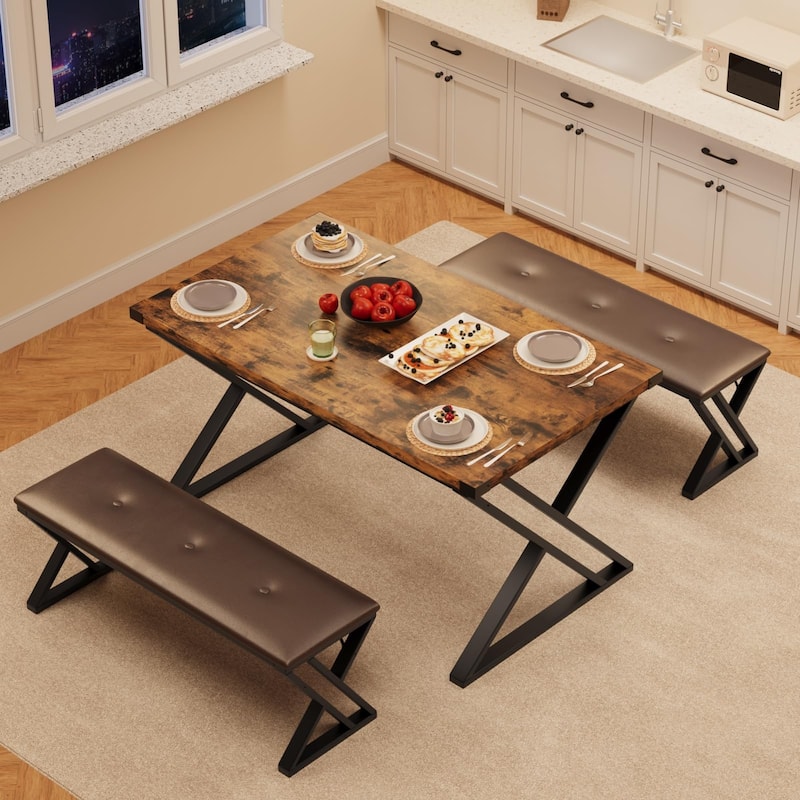 3 Piece Z-Shaped Leg Dining Table with 2 Benches, Space-Saving