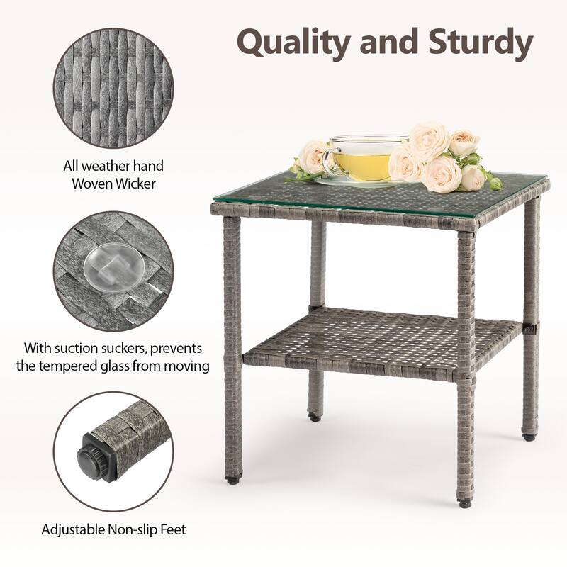 Square Outdoor Tea End Table Wicker Rattan Steel Frame with Tempered Glass Patio Balcony Garden - 17.52" L x 17.52" W x 18.5" H