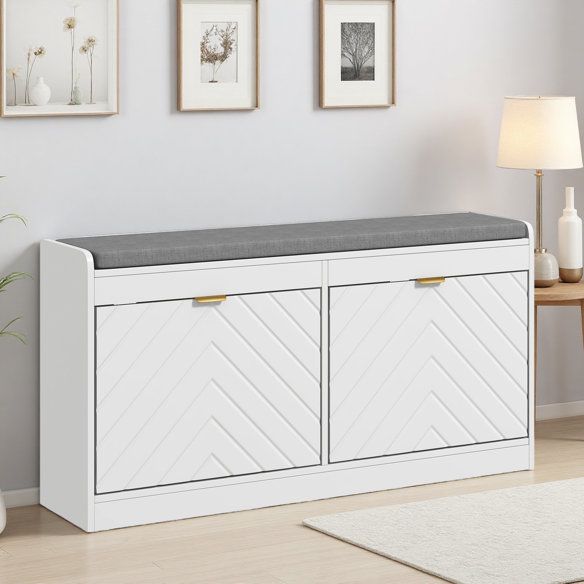 41.8"L Shoe Bench with 2 Flip Drawers & Cushion, Storage for 8 Pairs