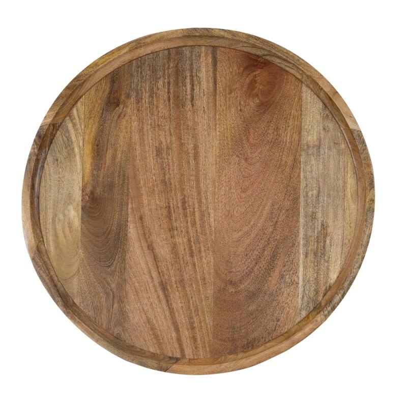 Round Mango Wood Coffee Table with Rimmed Bowl Top - 27.5" Wide Rustic Pedestal Base for Living Room