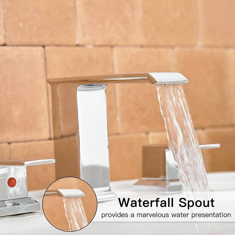 Waterfall Widespread Bathroom Faucet With Drain Assembly 3 Hole Bathroom Sink Faucets Double Handle 8 Inch Basin Vanity Taps